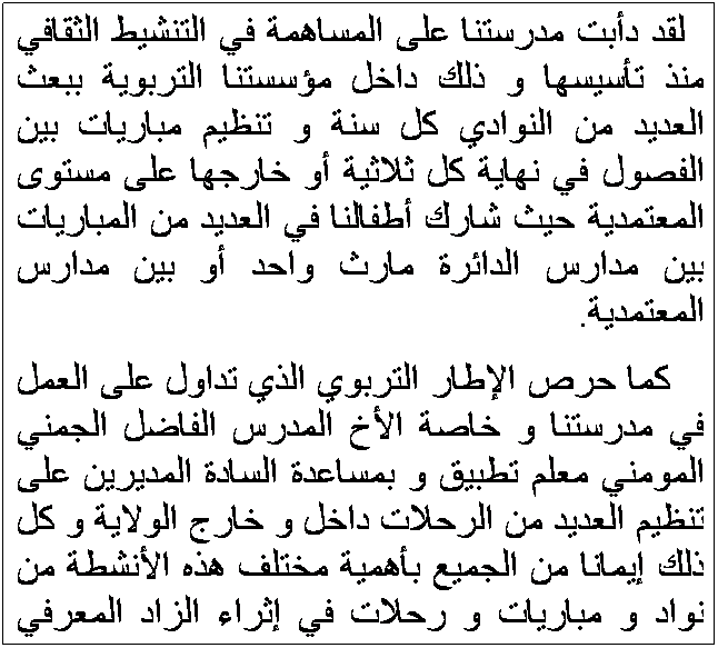 Zone de Texte:   لقد دأبت مدرستنا على المساهمة في التنشيط الثقافي منذ تأسيسها و ذلك داخل مؤسستنا التربوية ببعث العديد من النوادي كل سنة و تنظيم مباريات بين الفصول في نهاية كل ثلاثية أو خارجها على مستوى المعتمدية حيث شارك أطفالنا في العديد من المباريات بين مدارس الدائرة مارث واحد أو بين مدارس المعتمدية.
   كما حرص الإطار التربوي الذي تداول على العمل في مدرستنا و خاصة الأخ المدرس الفاضل الجمني المومني معلم تطبيق و بمساعدة السادة المديرين على تنظيم العديد من الرحلات داخل و خارج الولاية و كل ذلك إيمانا من الجميع بأهمية مختلف هذه الأنشطة من نواد و مباريات و رحلات في إثراء الزاد المعرفي لدى المتعلمين . 
